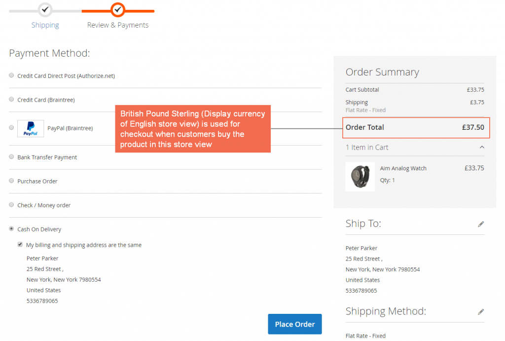 Thanh toán bằng Bảng Anh ở chế độ xem cửa hàng Anh khi sử dụng Thanh toán bằng Magento 2 với Tiền tệ hiển thị